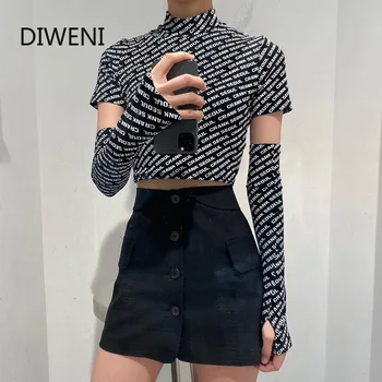 

Long Sleeve Crop Top Women Letter Print Womens Tops Round Tie Sleeve Top Summer Autumn T Shirts Aesthetic Streetwear New