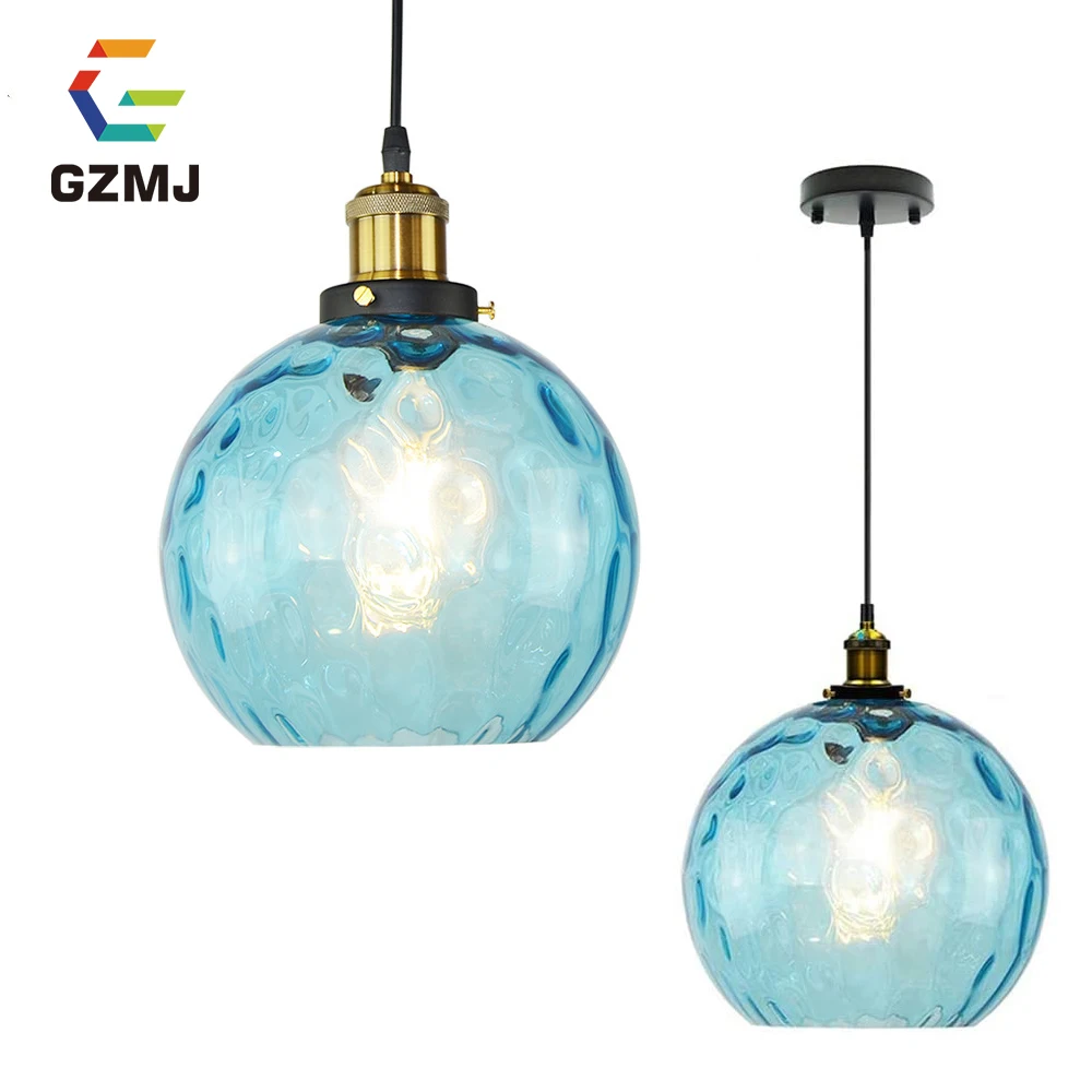 

GZMJ Loft Suspension Blue Wave Glass Ball Hang Modern Lamp LED Light Bedroom Bedside Lamp Restaurant Light