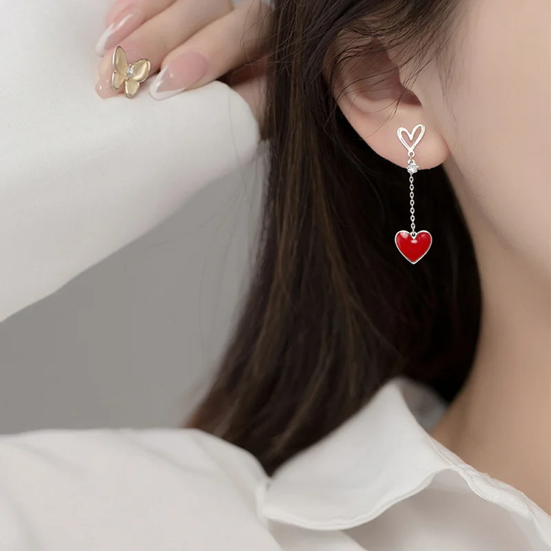 Korean New Asymmetric Red Heart Stud Earrings For Women Creative Hollow ECG Tassel Zircon Pearl Earrings Girl Party Jewelry Gift - Image 3