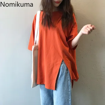 

Nomikuma Korean Causal Women T Shirts Irregular Split Fashion Solid Color Top Tees 2020 Spring Summer Lady Basic T-shirt 3Z255