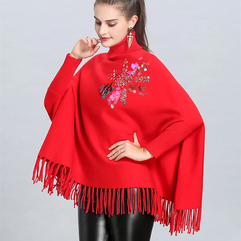 

HAMALIEL Fashion Autumn Winter Knitted Tassel Loose Poncho Sweater And Pullovers Women's Turtleneck Sequined Cloak Warm Clothing