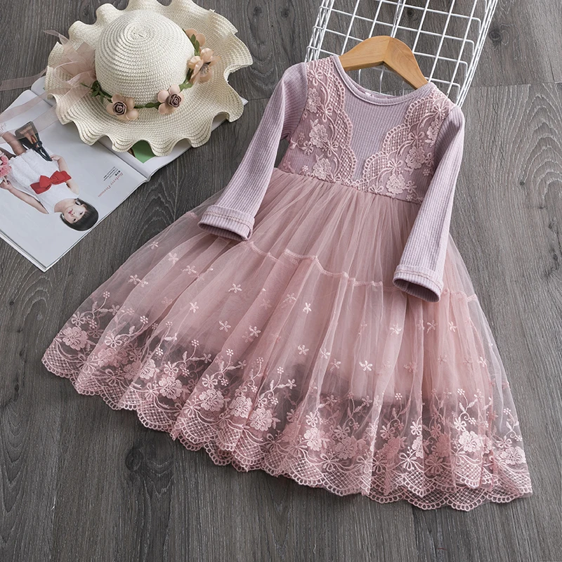 

Long Sleeve Girls Dress Lace Hollow Design Mesh Dresses Winter Knit Pageant Party Gown Kids Casual Clothes Vestidos For 6 Years