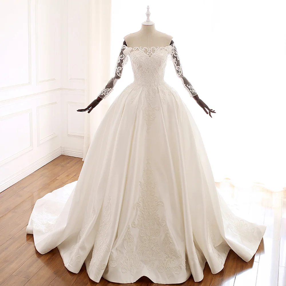 Vestido De Noiva индивидуальный заказ с длинным рукавом и отделкой из бус аппликации бант Атласное Бальное платье свадебные платья плюс размер 2019