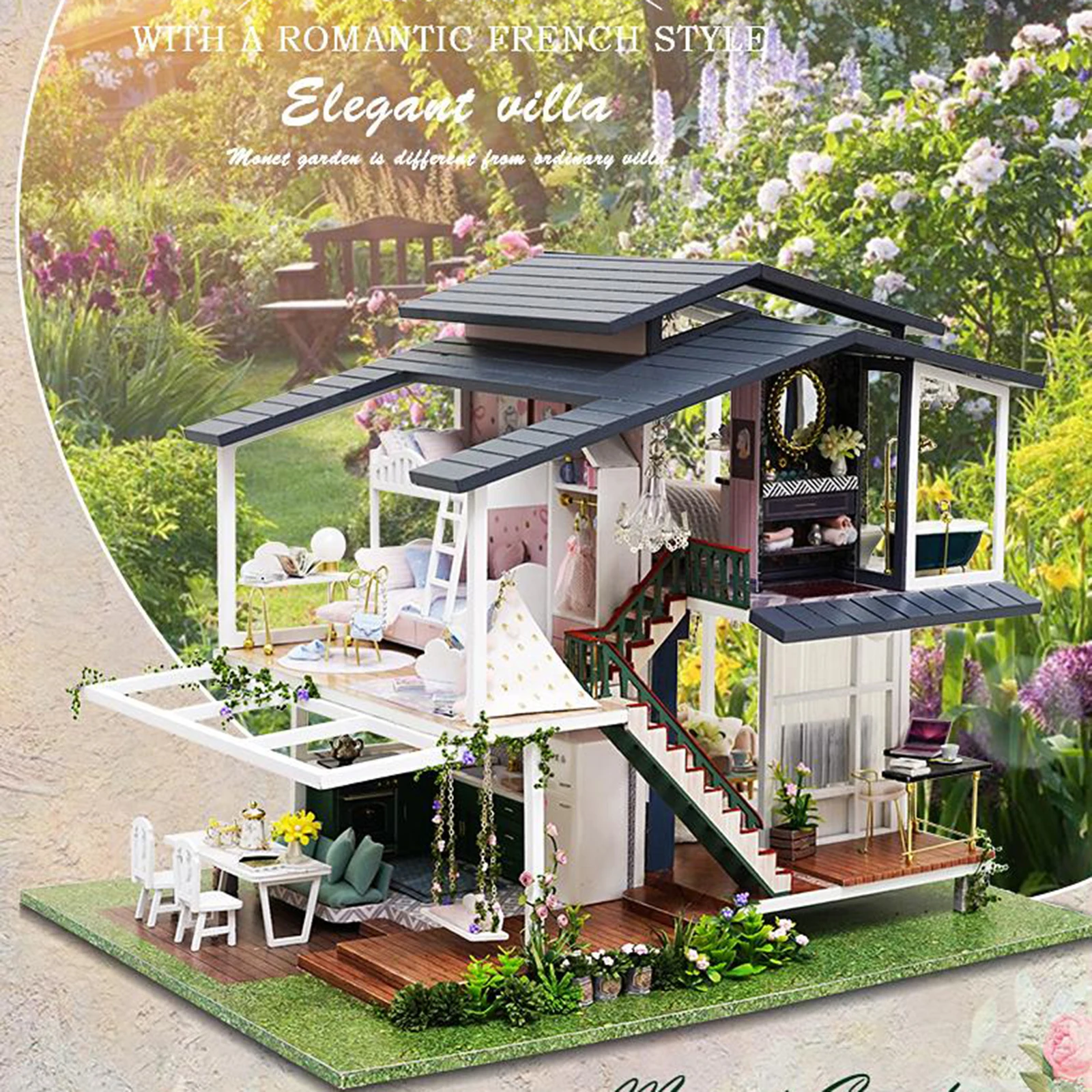 여아용 DIY 미니어처 인형 집 가구 키트, 목재 로맨틱 모던 빌라 코티지 퍼즐 놀이 세트, 자체 조립