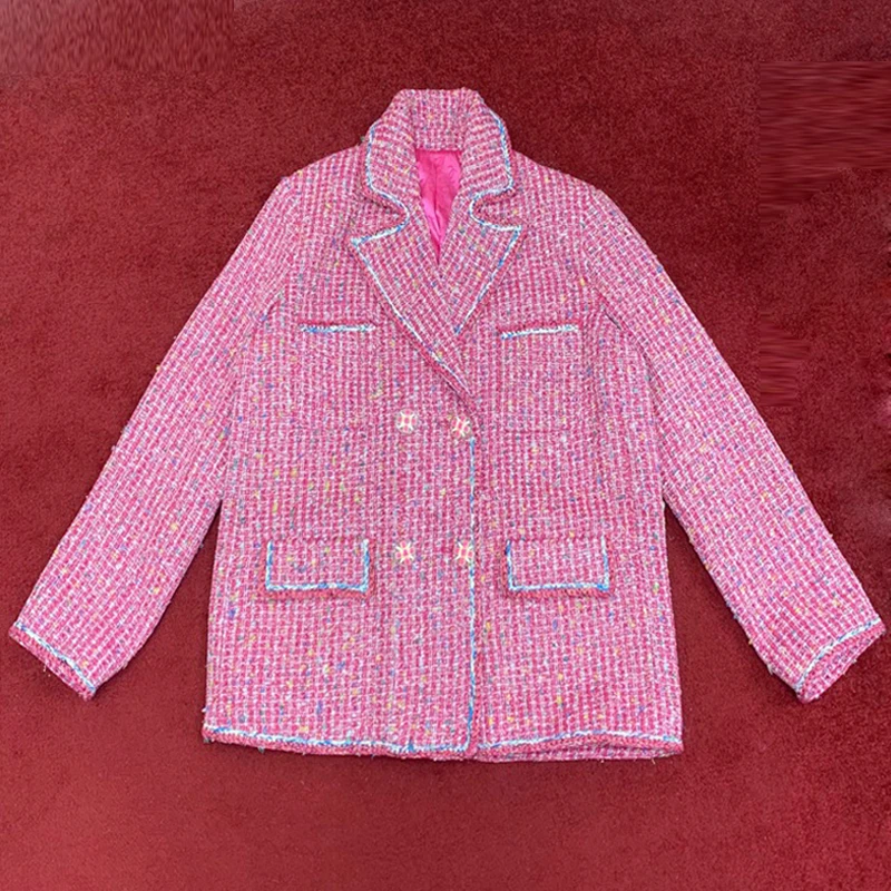 

Red RoosaRosee Designer Autumn Spring Women Loose Outwear Coat High Street Colorful Stripes Golden Chain Lady Overcoat Jacket