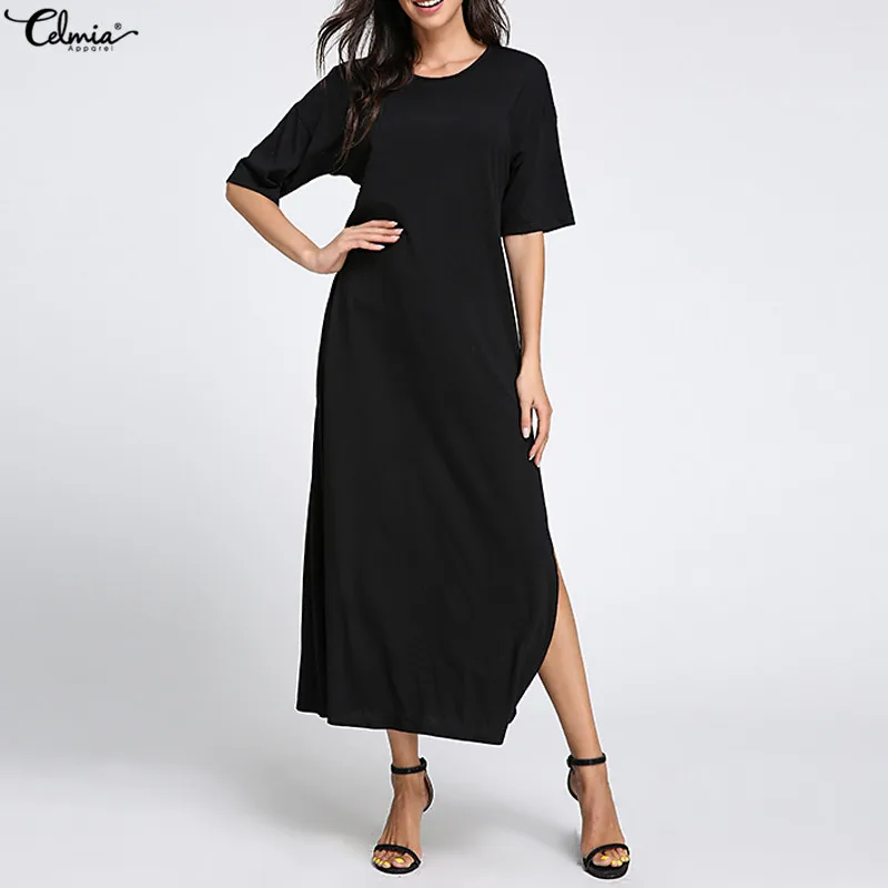 

Summer Dress 2020 Women Casual Loose Half Sleeve Solid Round Neck Maxi Long Split Dress Beach Curved Hem Vestidos Plus Size 4XL