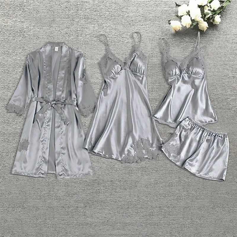 2020 Spring Autumn Women Silk Pajamas Sets With Chest Pads Flower Print Pijama Sleepwear 4 Pieces Spaghetti Strap Satin Pyjamas