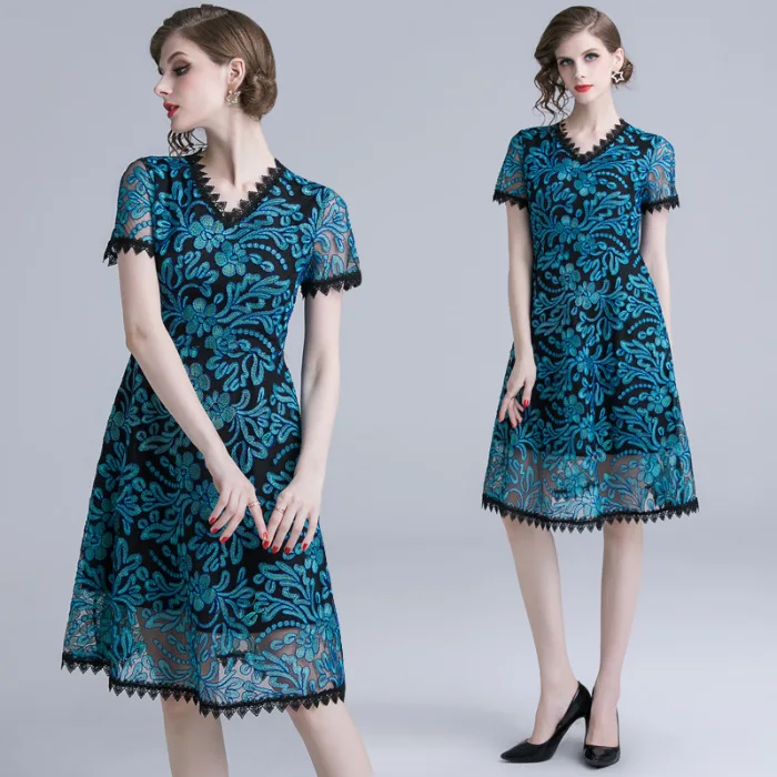

Photo Shoot Formal Occasion Retro Stereo Flower Embroidery Lace Splicing Dress 2019 Summer New Style WOMEN'S Dress Fashion