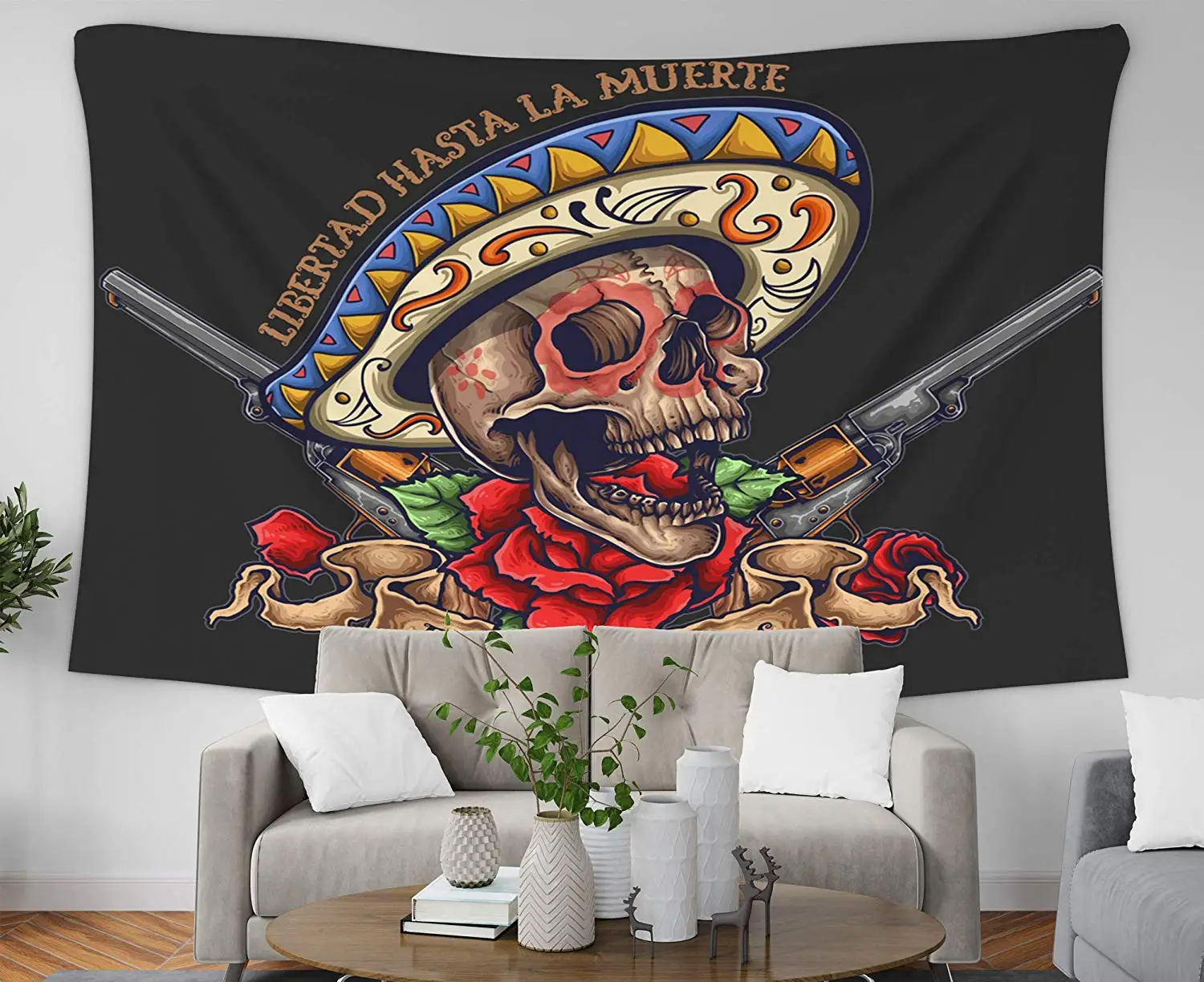 

Home Decor Tapestry for Halloween Day The Dead Skull Banner Roses Revolver Wall Hanging