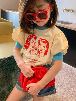 

Summer short-sleeved girl T-shirt round neck bubble sleeve top fashion design sense American clothes medium large girl clothes