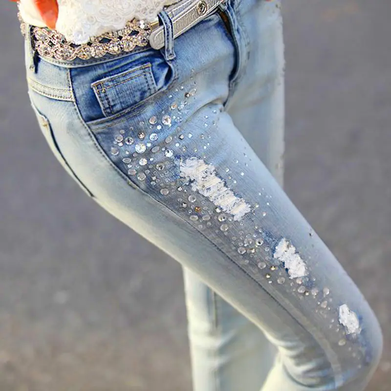 Women High Waist Jeans Version of Elastic Slim-fit Denim Trousers with Drilled Holes and Thin Pencil Pants Ripped Jeans