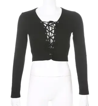 

Autumn new style eyelet drawstring strap sexy hollow out long sleeved T-shirt women