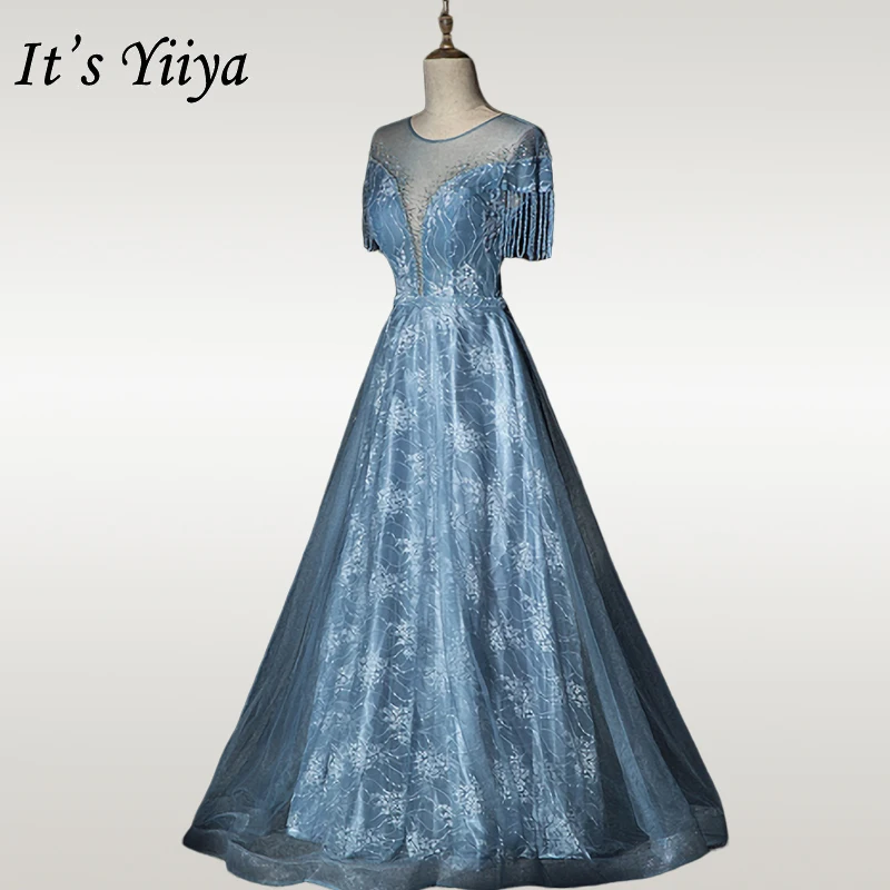 

It's Yiiya Evening Dress Long Shining Crystal Tassel Formal Evening Dresses For Women Elegant O-neck robe de soiree OY052