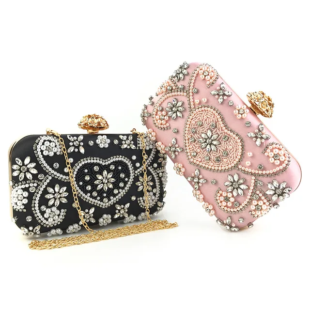 Satin Vintage Women Evening Bags Metal Flower Luxury Diamonds Clutch Black Color Rhinestones Chain Shoulder Handbags 2