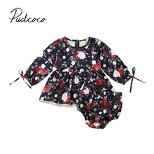 Коллекция года, весенне-осенняя одежда для малышей Одежда для новорожденных девочек цветочные кружевные комбинезоны с длинными рукавами платье+ шорты комплект из 2 предметов