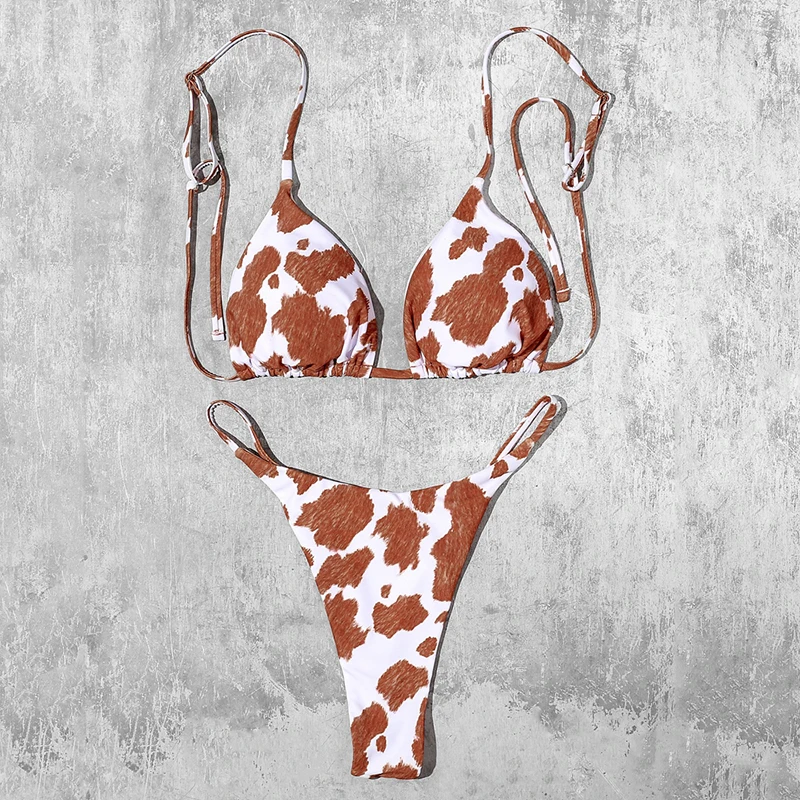 Sexy Push-Up Cow Print Bikini – Strappy Padded Bra and Low-Waist Bandage Swimsuit for Women Beachwear Beachwear Swimwear