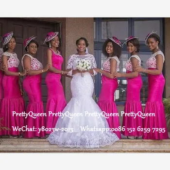 

2020 Mermaid Bridesmaid Dresses With White Sheer Lace Top and Fuchsia Skirt African Women Long Wedding Guest Dress Party Gown