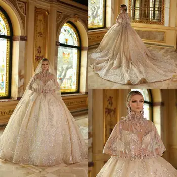 شراءGlamorous الخرز الكرة ثوب الزفاف فساتين الزفاف مع يلتف الفاخرة الترتر الحبيب منتفخ زي العرائس عارية الذراعين الاجتياح القطار