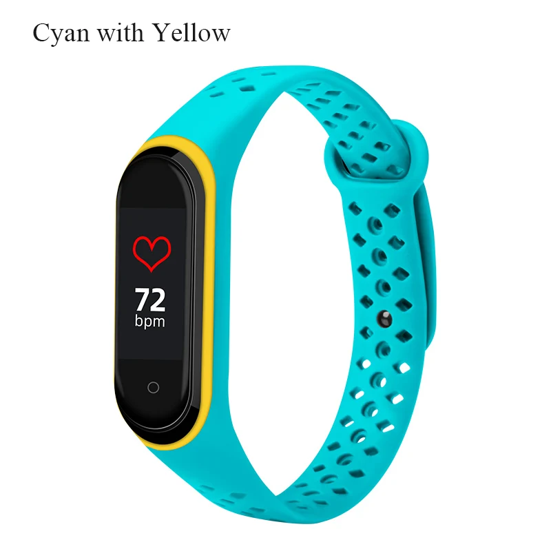 Cyan with yellow BOORUI mi band 4 ремешок силиконовый сменный для Xiaomi mi band 4 3 ремешок двойной цвет алмазное отверстие mi band 4 ремешок - Цвет: Cyan with yellow