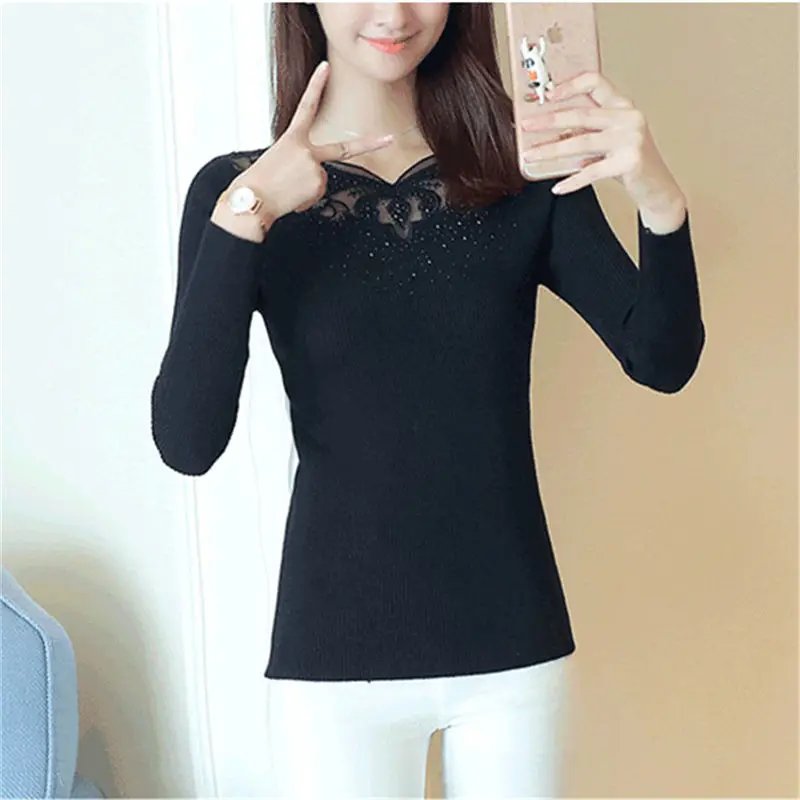 

Autumn Winter Solid Long Sleeve Pullovers Sweaters Women Spring Sexy Black Embroidery Lace Knitted Slim Sweater Female Top