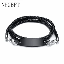 NHGBFT из нержавеющей стали трехслойные бирки браслеты с Черный кожаный шнурок цепь мужской браслет