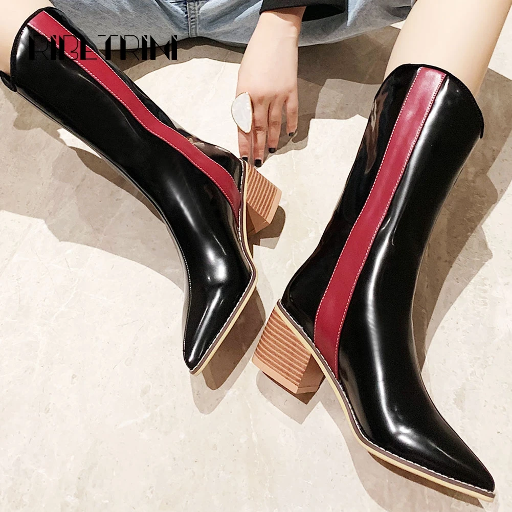 

RIBETRINI Fashion Women Patent Leather Motorcyle Boots 2019 Wooden Heel Pointed Toe Shoes Woman Microfiber Mid Calf Boots
