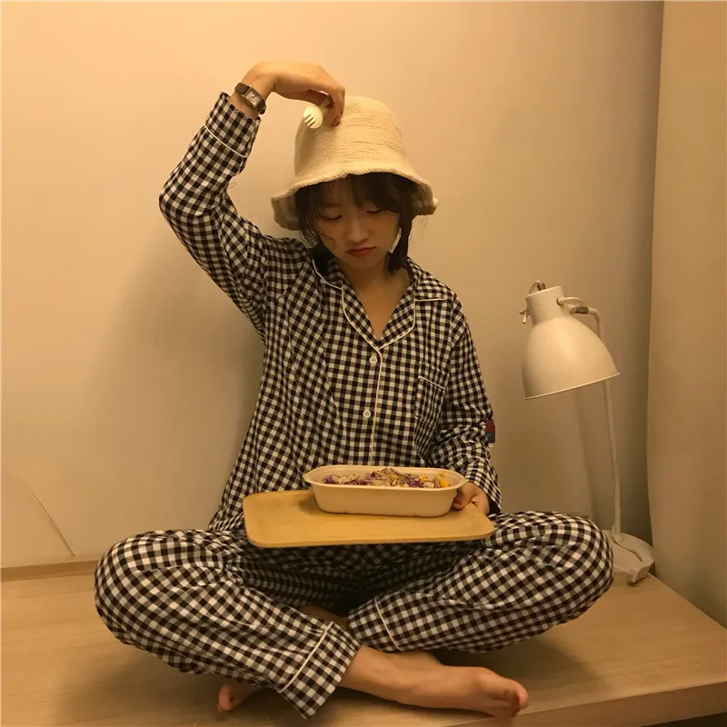 Зимние пижамы, женская новая Корейская пижама в клетку с длинным рукавом, Женская милая одежда для сна, тонкая Пижама для дома, Mujer Invierno