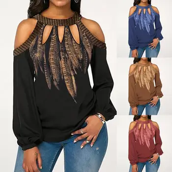 

Hot Fashion Plus Size Feather Print Women Cold Shoulder Long Sleeve Blouse Chiffon Shirt Round Neck Chiffon Women's Blouse S-XL