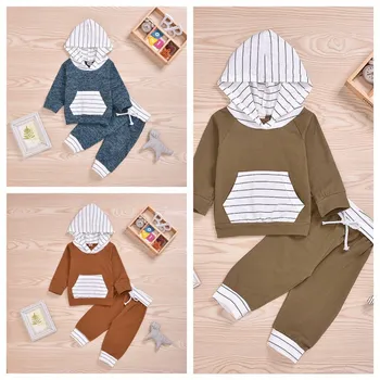 

Long Sleeve Striped Patchwork Print Hoodie Sweatshirt Tops+Pants Casual Costume Set Autumn Newborn Baby Boy Girl Clothes