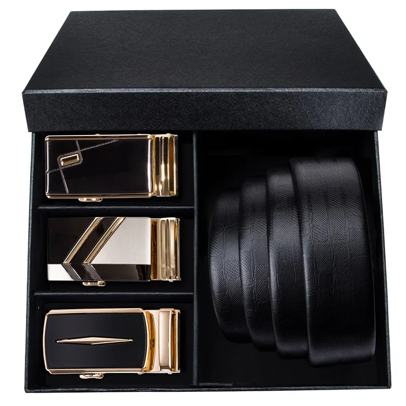 

Hi-Tie Formal Belt Men Automatic Buckle Belt Strap Gold Buckle Business Luxury Belts Black Genuine Leather Fashion Belts Box Set