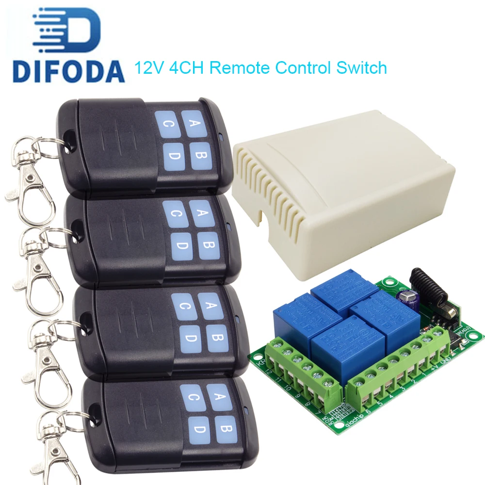 

QIACHIP 433Mhz Universal Wireless Remote Control Switch DC 12V 4CH Relay Receiver Module 4pcs RF controllor Transmitter DIY