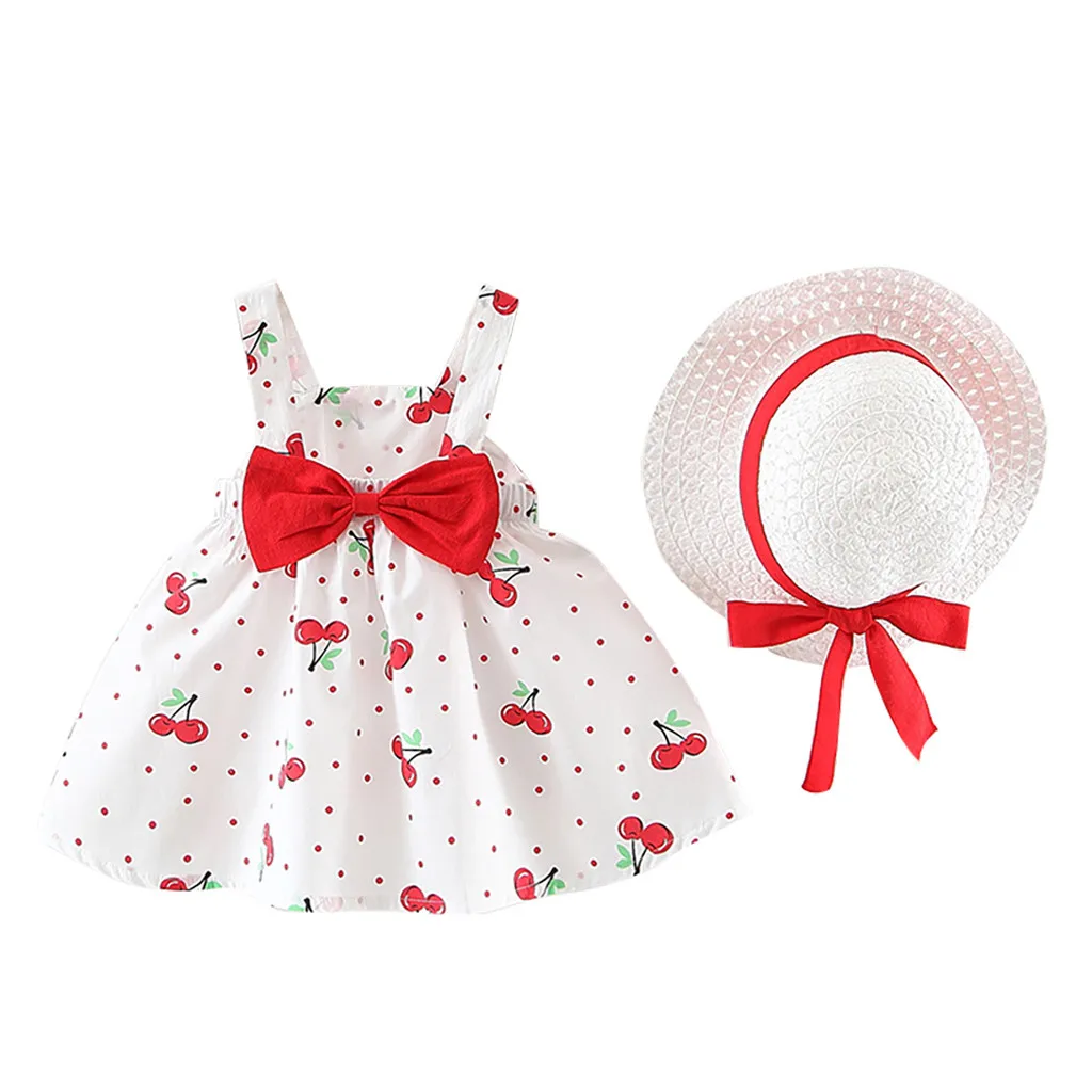 

Baby girl fashion cherry wave point bow dress plus straw hat two-piece fashion lunch break mini dress Baby girl clothes
