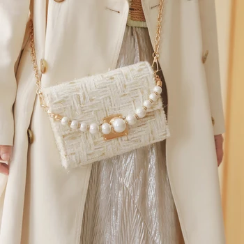 

Hand-woven small fragrance cotton line knit chain bag 2019 new pearl woolen handbag handbag shoulder slung handbag