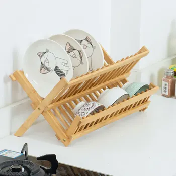 

2 Layers Kitchen Dish Drain Rack Storage Organizer Dish Plate Drying Rack Shelf Wooden Plate Cups Stand Drainer Display Holder