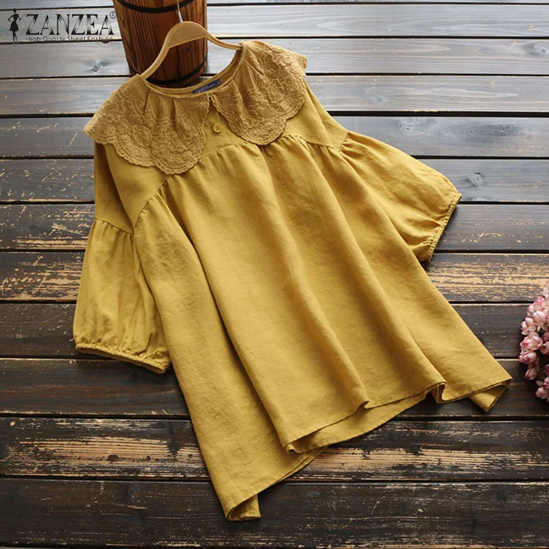 Женская кружевная вязанная блуза ZANZEA Kaftan, хлопковые топы, летние блузки с кукольным воротником, женские рубашки с рукавом 3/4 размера плюс, однотонная туника
