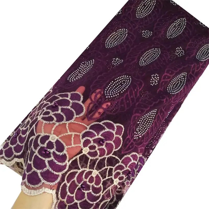 

Beaded Nigerian Tulle Lace Fabric Embroidery Lace Beautiful Purple Flowers Women Fashion Clothing Asoebi Styles