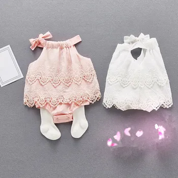 

2pcs/lot Newborn Infant Kids Baby Girl Clothes Summer Lace Bodysuit Elegant Cute Sweet Sunsuit Outfit with Bow