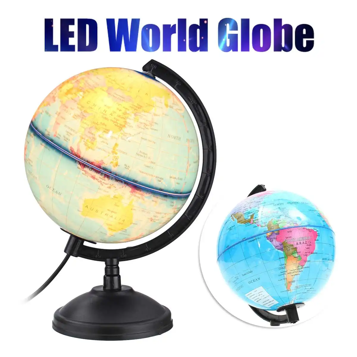 

360 Rotation World Globe Map LED Light with Stand Home Office Desk Decoration Children Kids Earth Geography Educational Toy Gift