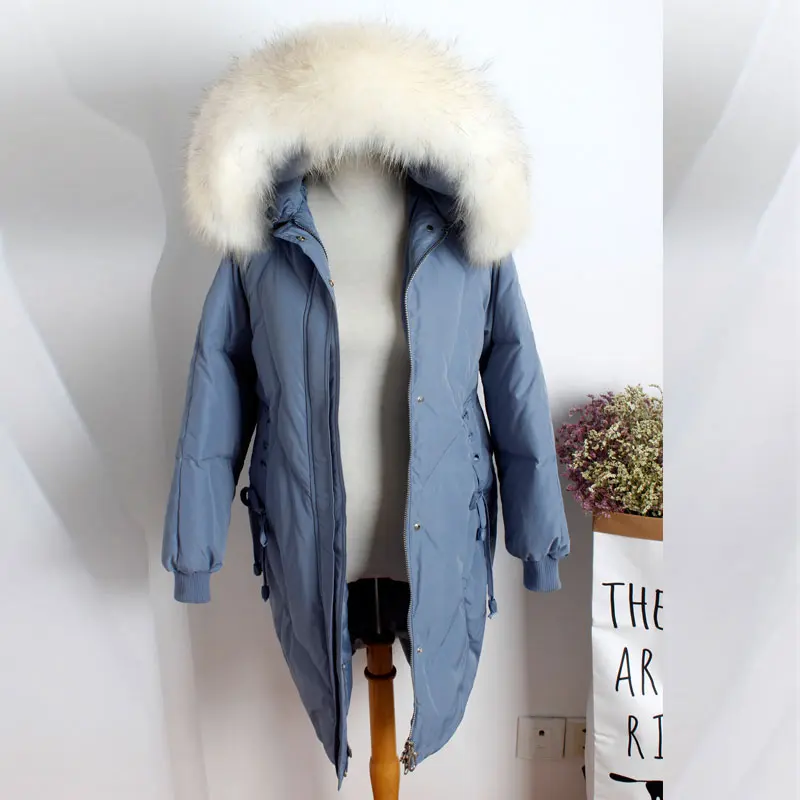 Blue with white fur Женское длинное теплое толстое пуховое пальто, женское повседневное свободное пуховое пальто, ветрозащитная верхняя одежда с воротником из натурального меха енота - Цвет: Blue with white fur