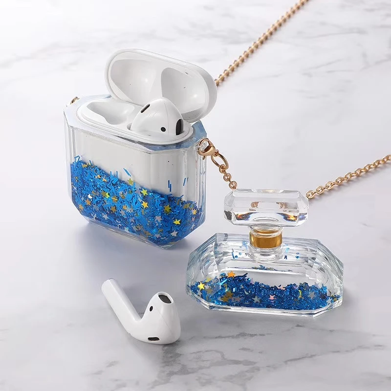 

Glitter Liquid Dynamic Quicksand Airpod Case & Neck Chain Luxury Transparent Hard Perfume Bottle Headset Cover For Apple Airpods