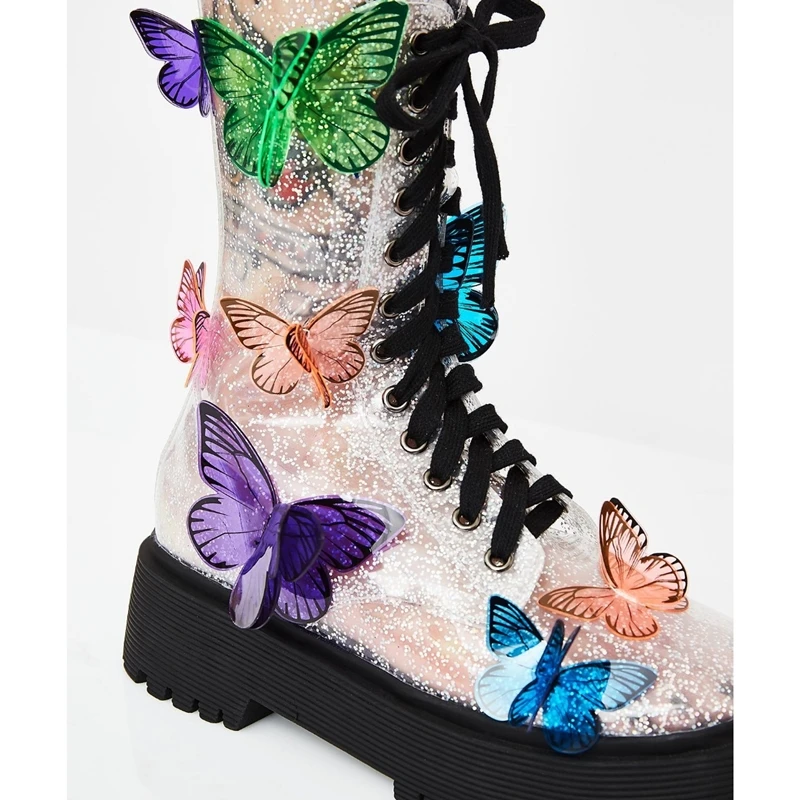 Прозрачные женские ботинки из ПВХ с бабочками; обувь для подиума на шнуровке с трехмерным рифленым каблуком; женские повседневные ботинки до середины икры на молнии
