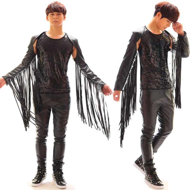 male ballet dancer outfit New Stage Costumes For Singers Mens Fringe Shoulder Jacket Leather Tassels Tops GoGo Dancers Nightclub DS Dj Costume  BL2180 dance outfits for guys