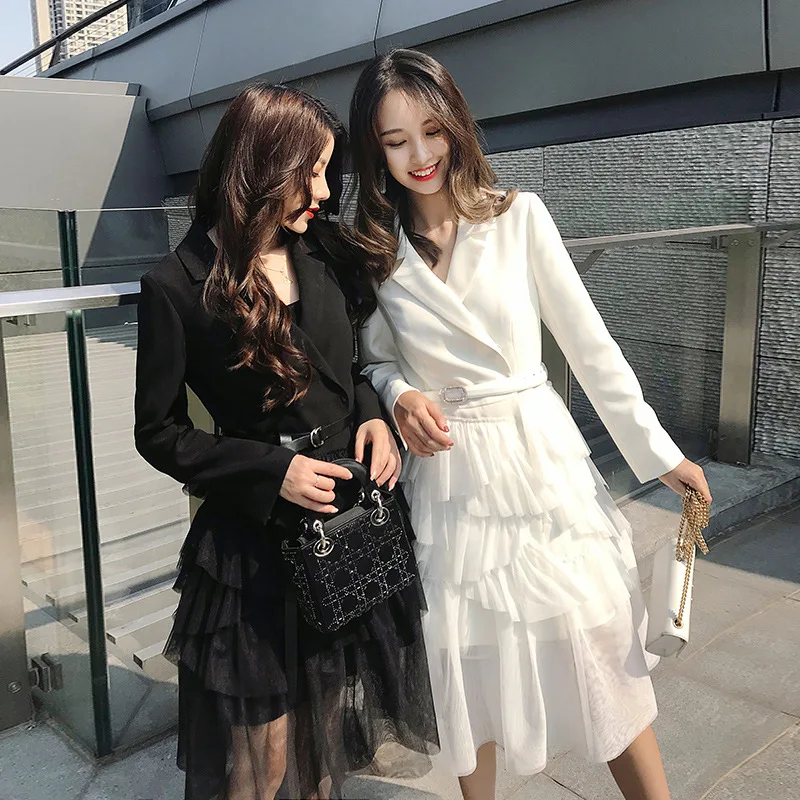 

2019 Autumn Clothing New Style Hepburn Elegant Wind Mid-length Gauze Joint Flounced Solid Color Suit Jacket Women's