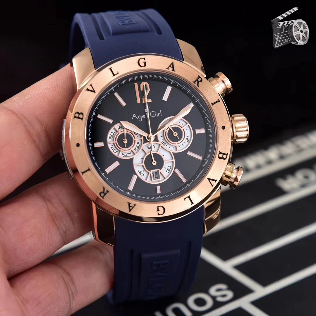 

Famous Brand New Men Rose Gold Daydate Stainless Steel Japanese Quartz Chronograph Sapphire Glass Watches Black Blue Rubber AAA+