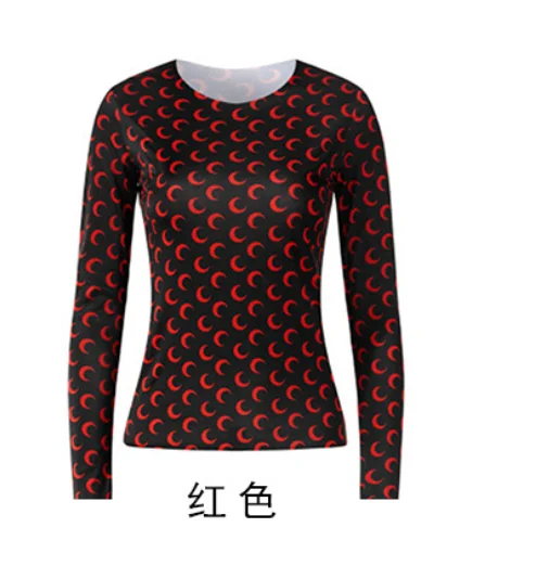 Ice Silk Crescent Moon Print Bodycon T-shirt Slim Top 2021 Summer Women's Round Neck Long Sleeve Tight T-shirt