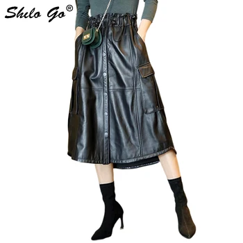 

Genuine Leather Skirt Single Breasted Front Drawstring Waist A Line Skirt Women Autum Elegant Casual Pocket High Waist Skirts