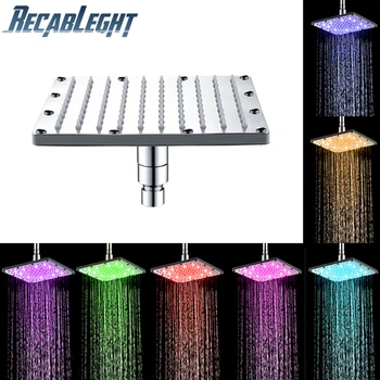 

Recableght Shower Head Lights 3-Color Change Rainfall Square Temperature Control 7Color Flash Easy Install Offer Delightful Bath