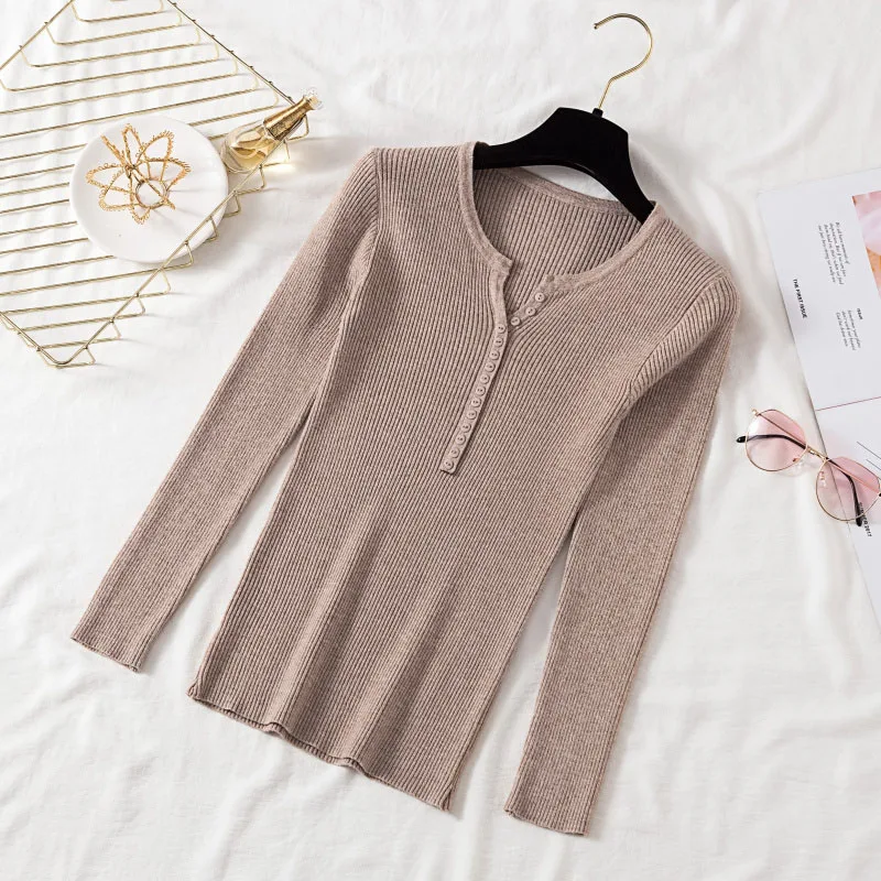2020 Knitted Basic Sweaters Women Autumn Winter Slim Sweater Fashion Button V Neck Ladies Solid Color Elasticity Pullovers Tops