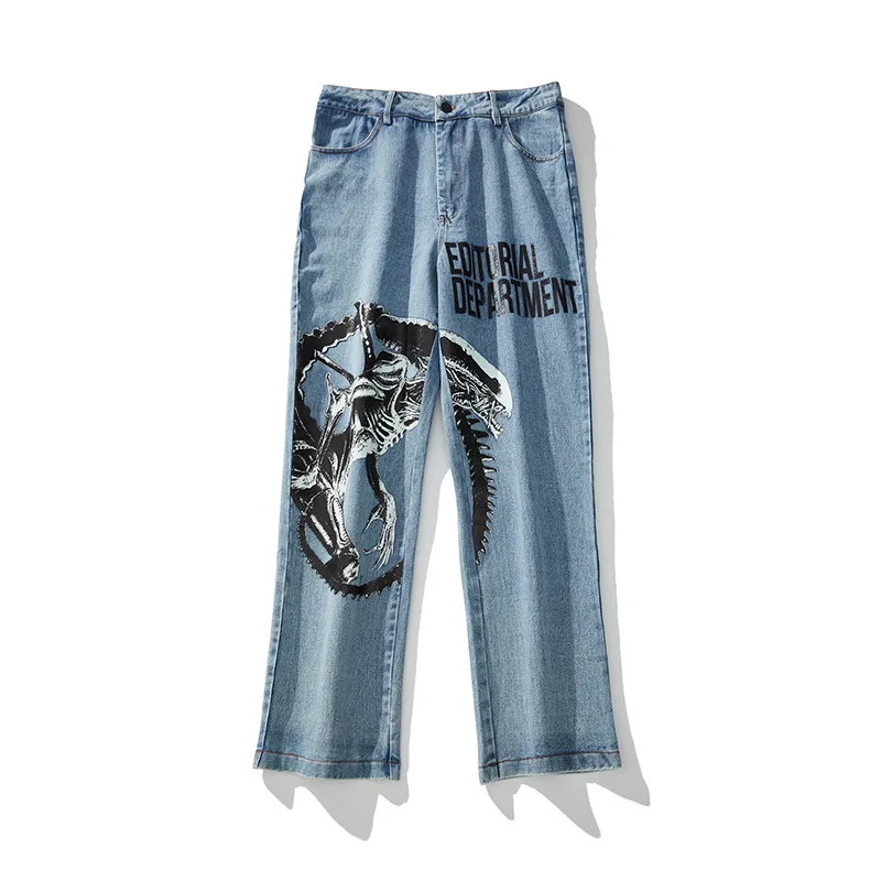 UNCLEDONJM брюки для скейтборда мото и байкерские джинсы с принтом мужские джинсовые штаны в стиле хип-хоп джинсы свободного кроя джинсовые штаны Harajuku ED925 - Цвет: Синий