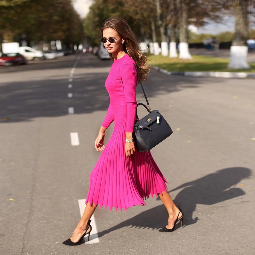 Vestido de punto plisado acanalado para mujer, suelto, de moda, con retazos, manga larga, cintura alta, de punto, vestido maxi femenino de otoño, nuevo